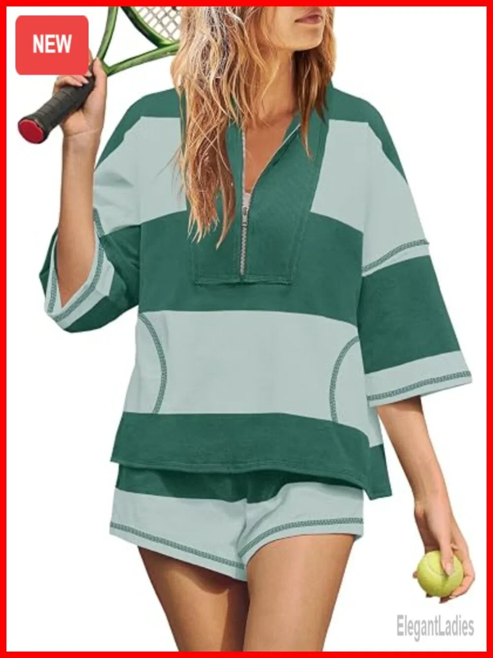 Women's 2 Piece Striped Lounge Set Short Sleeve Top & Shorts Matching Workout